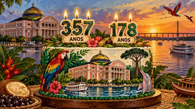 Ilustração em estilo pintura de um bolo de aniversário com velas formando 357 anos e 178 anos, com o Teatro Amazonas, a ponte sobre o Rio Negro, barcos, araras e um boto