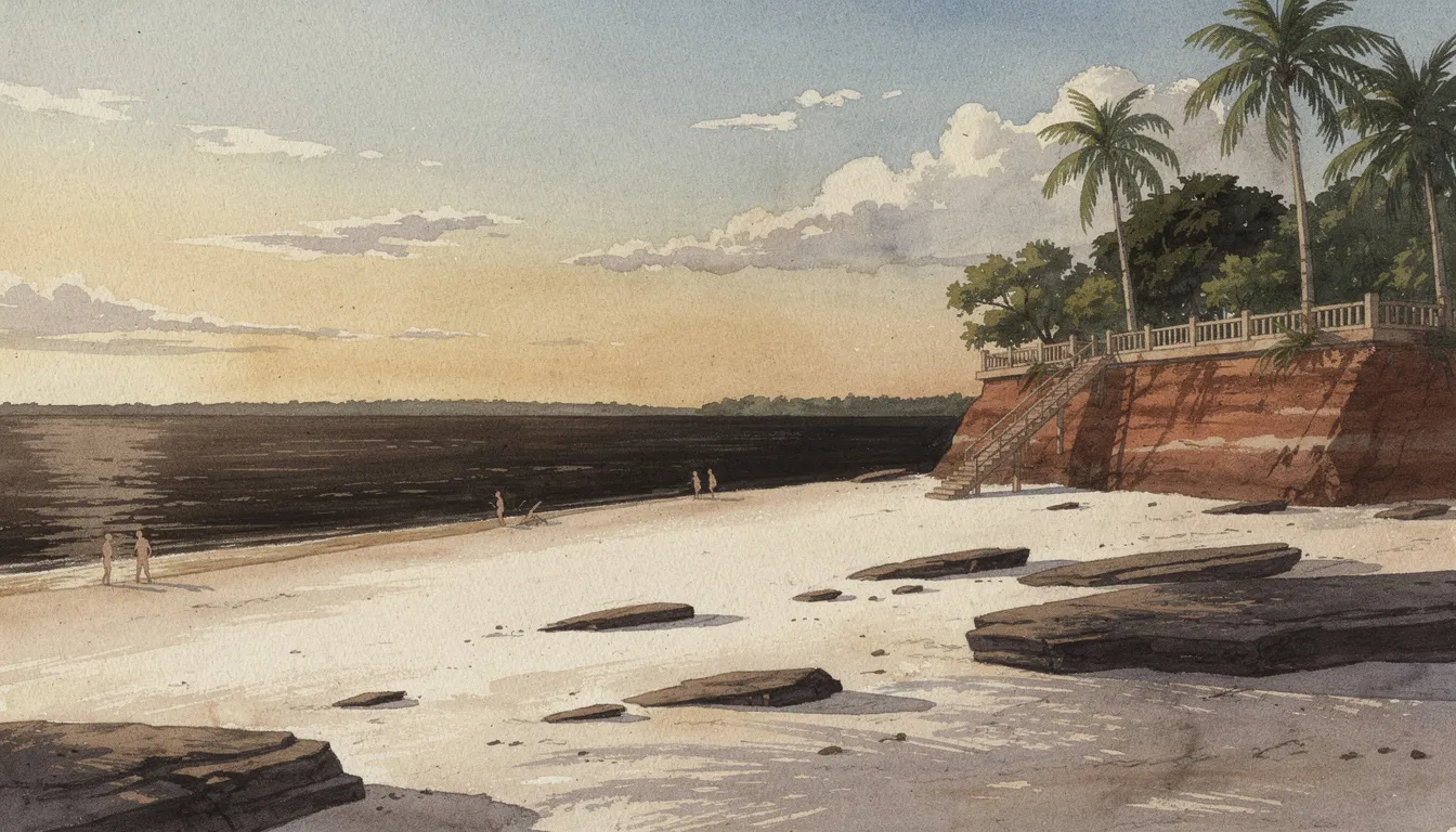 Ilustração em aquarela/gouache da praia da Ponta Negra antes do aterro: faixa larga de areia clara com blocos de arenito escuro, barranco de terra avermelhada à direita com calçadão de pedra, árvores e coqueiros no topo, escadaria descendo à areia, e o Rio Negro escuro e largo ao fundo sob céu de fim de tarde com poucas nuvens e silhuetas minúsculas de banhistas.