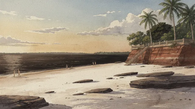 Ilustração em aquarela/gouache da praia da Ponta Negra antes do aterro: faixa larga de areia clara com blocos de arenito escuro, barranco de terra avermelhada à direita com calçadão de pedra, árvores e coqueiros no topo, escadaria descendo à areia, e o Rio Negro escuro e largo ao fundo sob céu de fim de tarde com poucas nuvens e silhuetas minúsculas de banhistas.